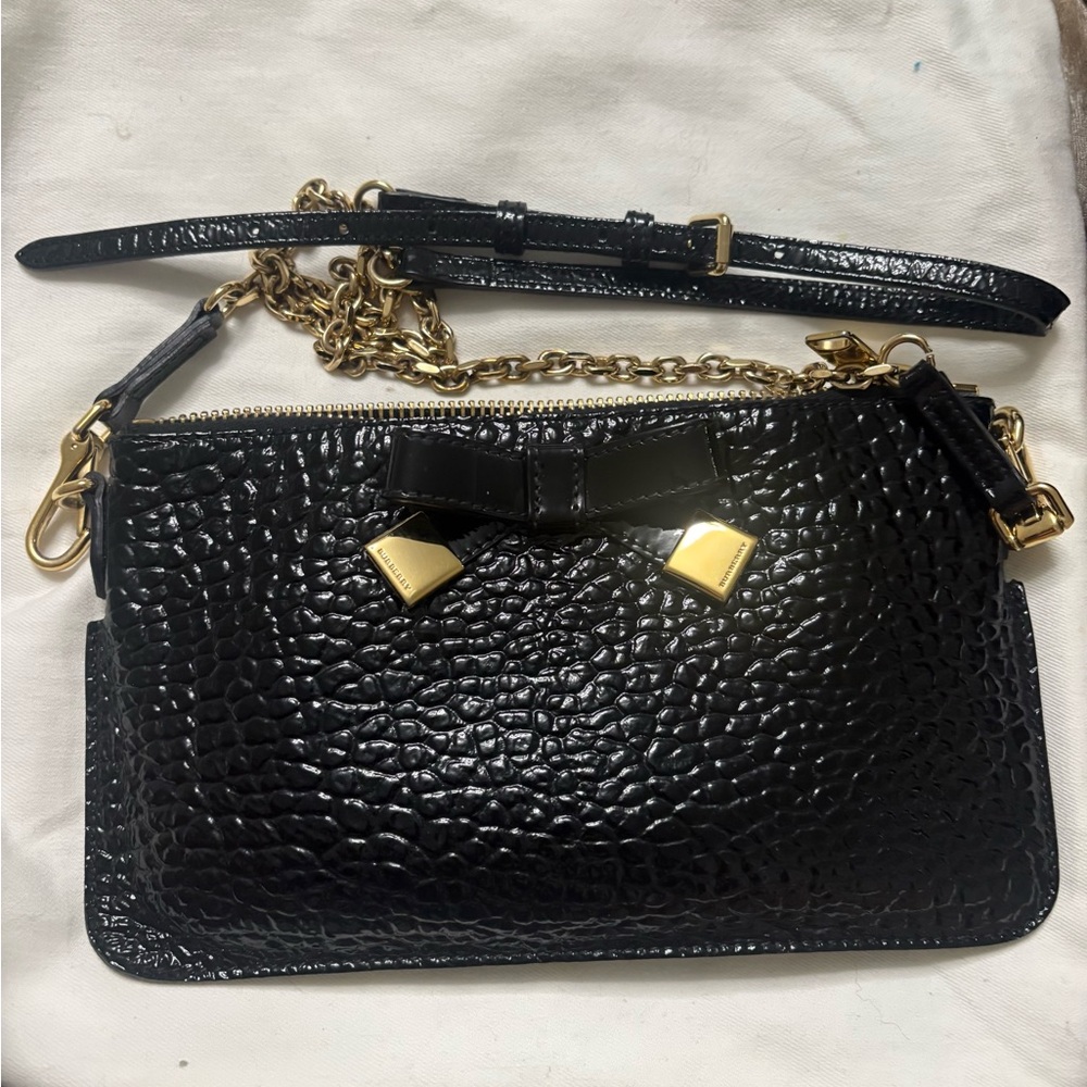 Burberry Black Patent Croc-Embossed Crossbody Bag with Bow - Picture 2 of 12